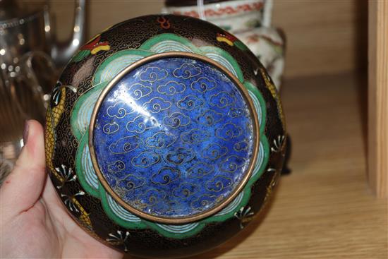 A Chinese famille verte crackle glaze censer, late 19th century (later cover) and a Chinese cloisonne enamel dragon dish